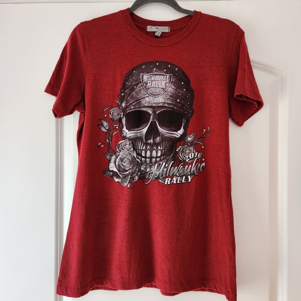 WOMEN'S BIKER MOTORCYCLE SKULL ROSES BURGUNDY RED T-SHIRT SIZE L